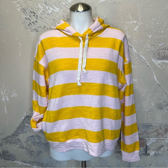 J crew rugby stripe M vintage fleece hooded sweatshirt pink mustard collegiate - Picture 1 of 6